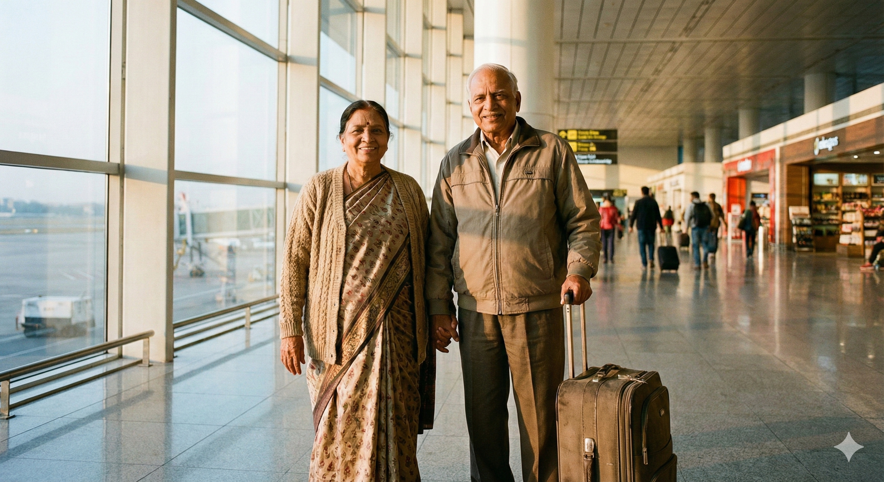 Elderly Indian couple at airport